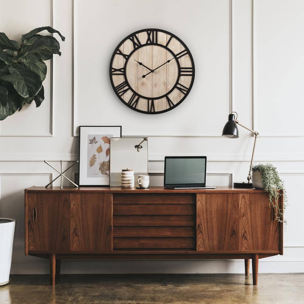 Harper 19.7-Inch Black and Distressed Wood Roman Numeral Wall Clock