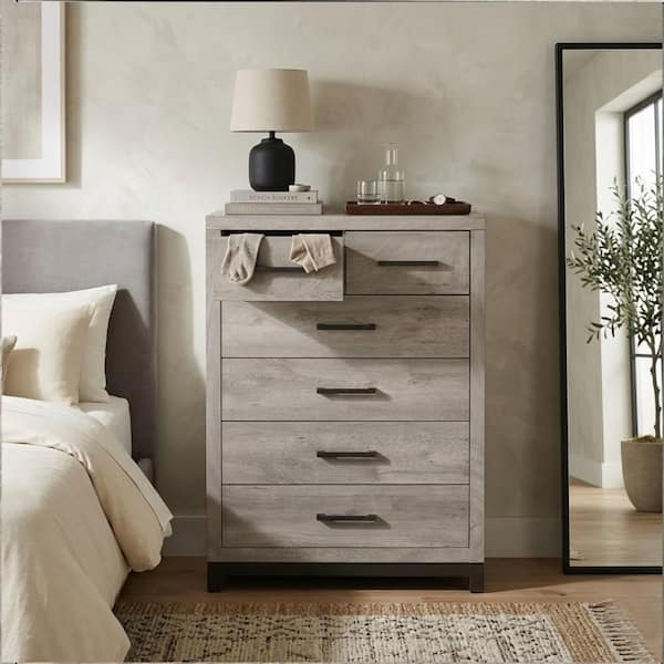 34 in. Gray 6-Drawer Wooden Chest of Drawers Dresser Without Mirror