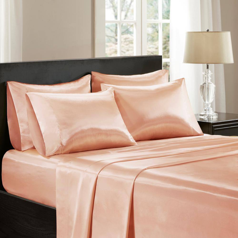 Madison Park Essentials - Satin Wrinkle-Free Luxurious 6-Piece Sheet Set - Blush - Queen