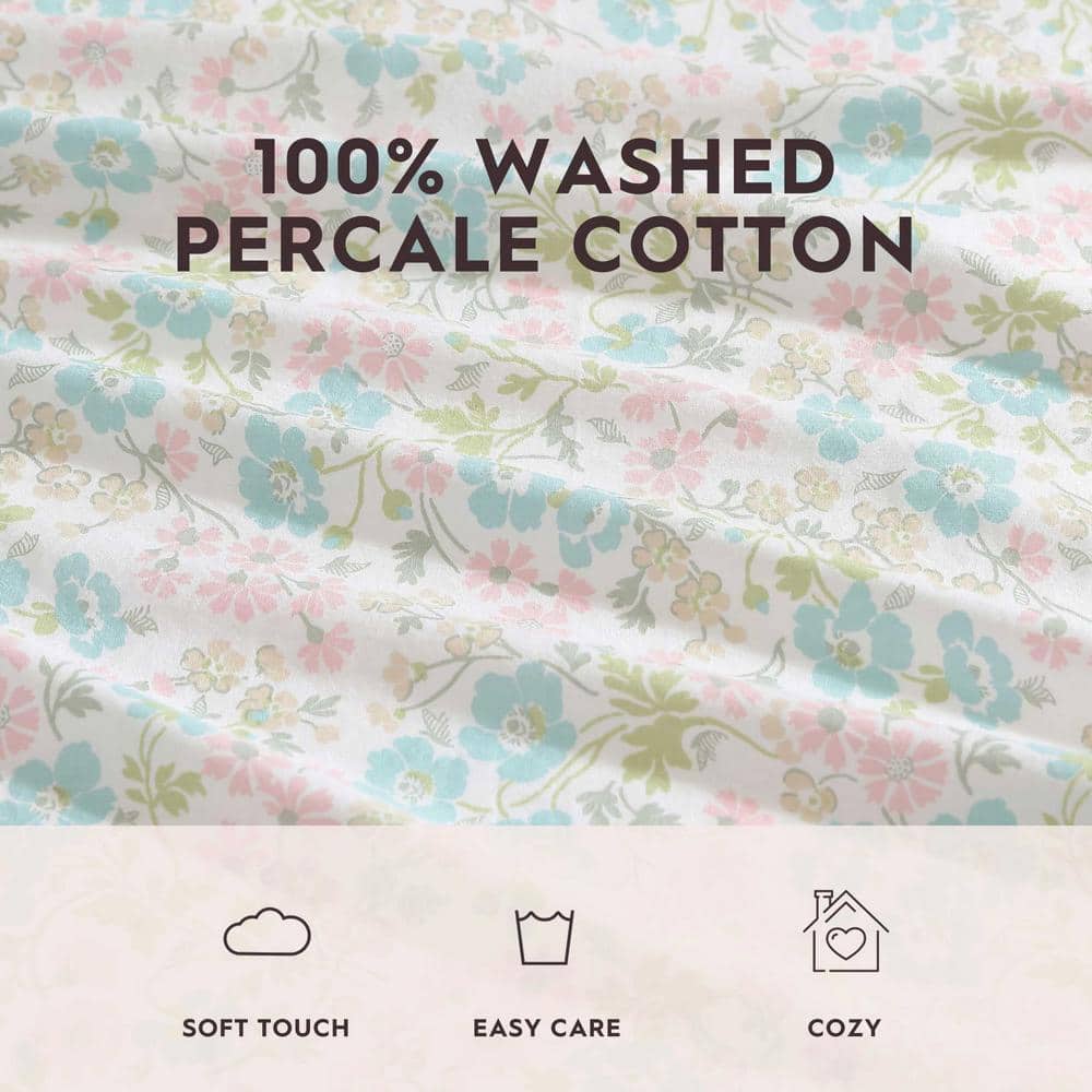 Jaynie Pink and Blue Floral Cotton Queen Sheet Set