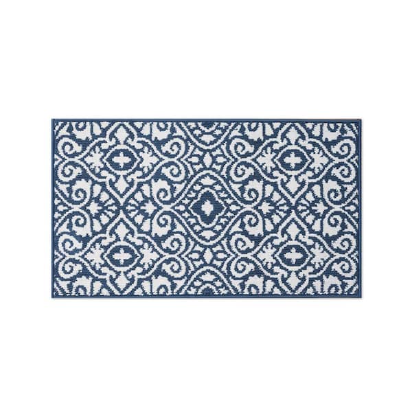 Washable Skid-Resistant Dusty Navy/Ivory 2 ft. x 4 ft. All Loop Tufted Area Rug