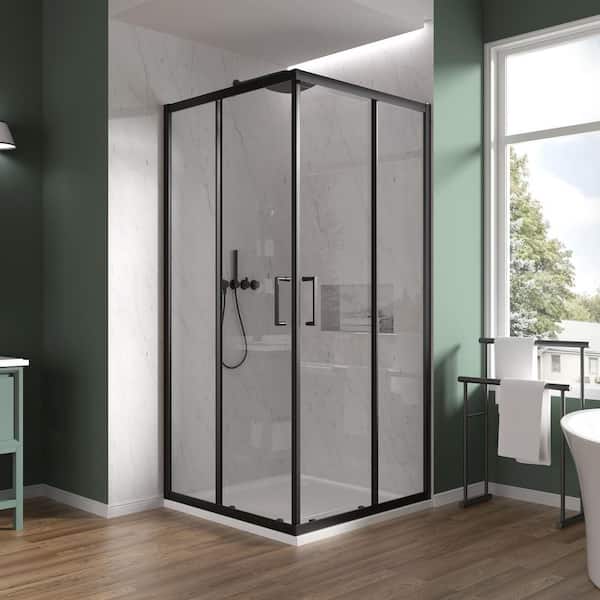 36 in. W x 72 in. H Square Double Sliding Framed Corner Shower Enclosure in Matte Black with 1/4 in. Clear Glass