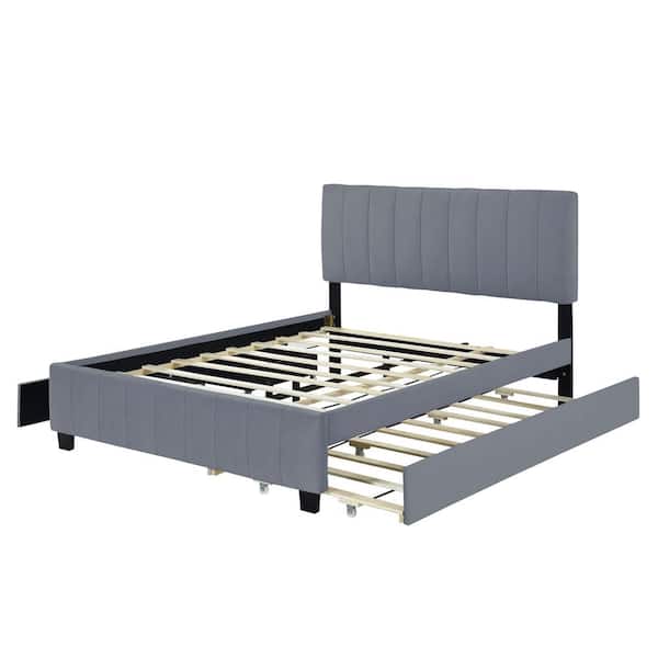 Gray Wood Frame Queen Size Velvet Upholstered Platform Bed with 1 Twin XL Trundle and 2 Drawers