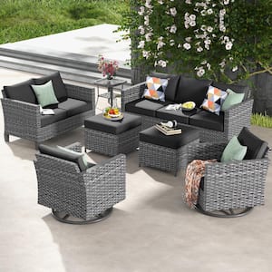 Neptune Gray 7-Pcs Wicker Patio Conversation Seating Sofa Set with Black Cushions and Swivel Rocking Chairs