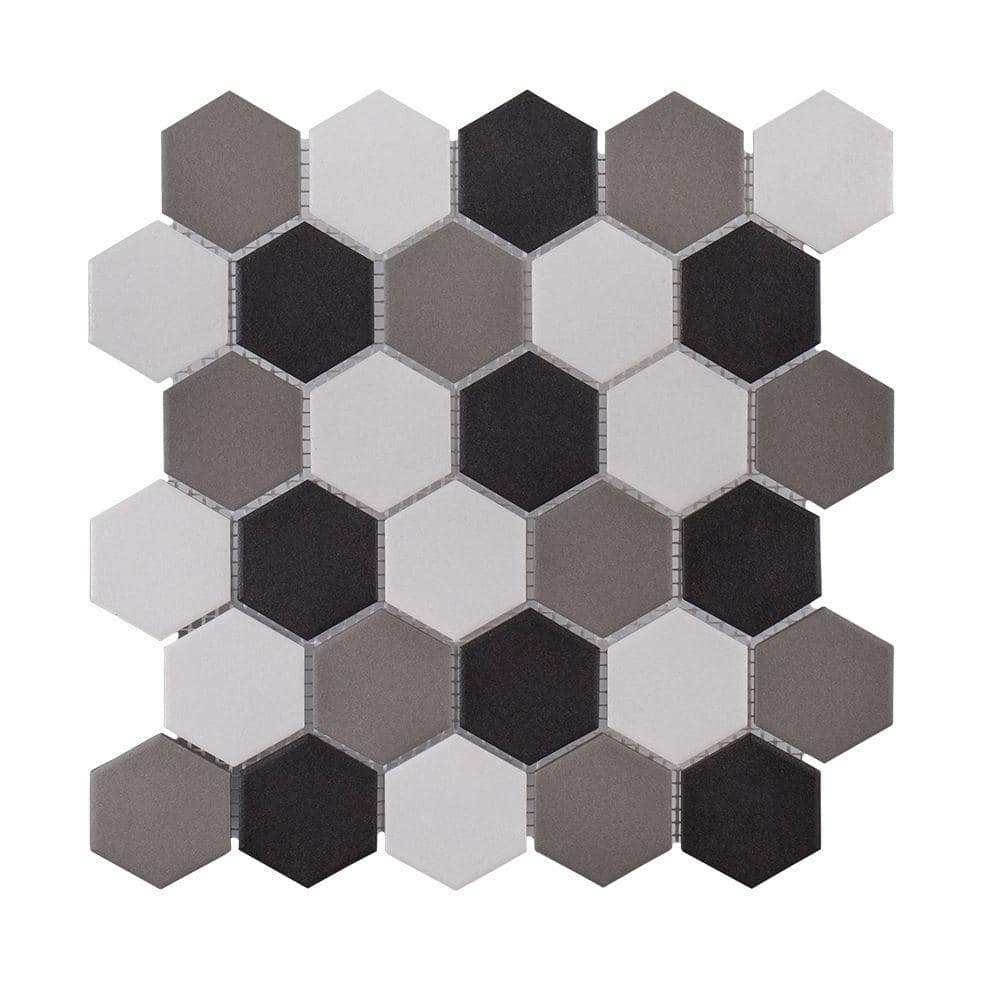 Jeffrey Court Ink Blot Gray 12.625 in. x 10.875 in. Hexagon Matte Porcelain Wall and Floor Mosaic Tile (14.30 Sq. ft./case), Gray/White