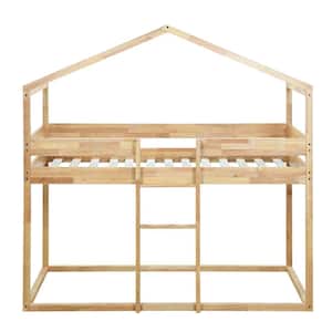 Natural Twin Over Twin Bunk Bed Wood Bed with Tent