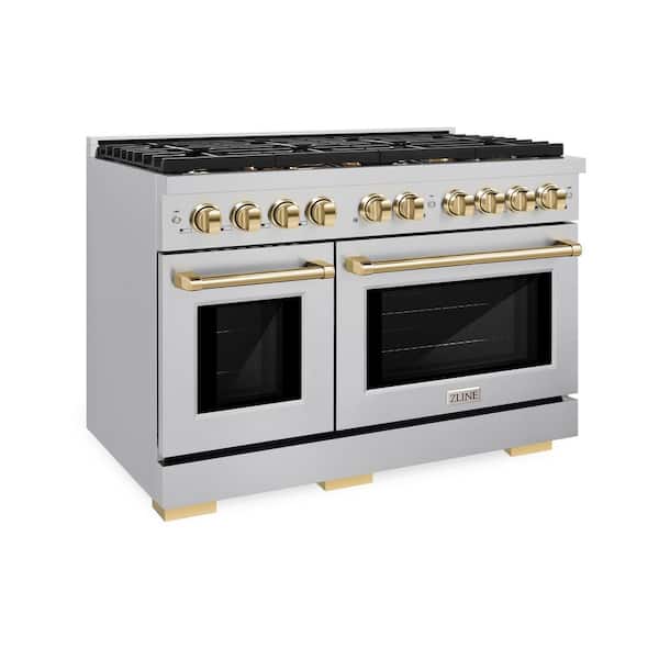 ZLINE Kitchen and Bath Autograph Edition 48 in. 8-Burner Freestanding Gas Range and Double Convection Oven in Stainless Steel and Polished Gold