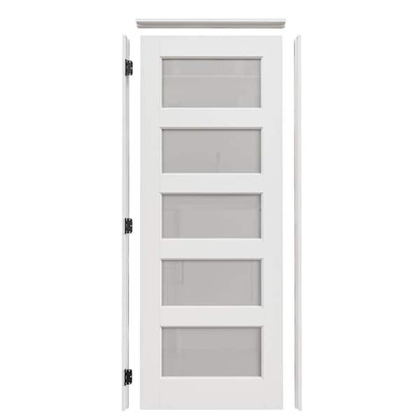 30 in. x 80 in. 5-Lite Frosted Glass Right Handed White Solid Core Single Interior Door Kit with Quick Assemble Jamb