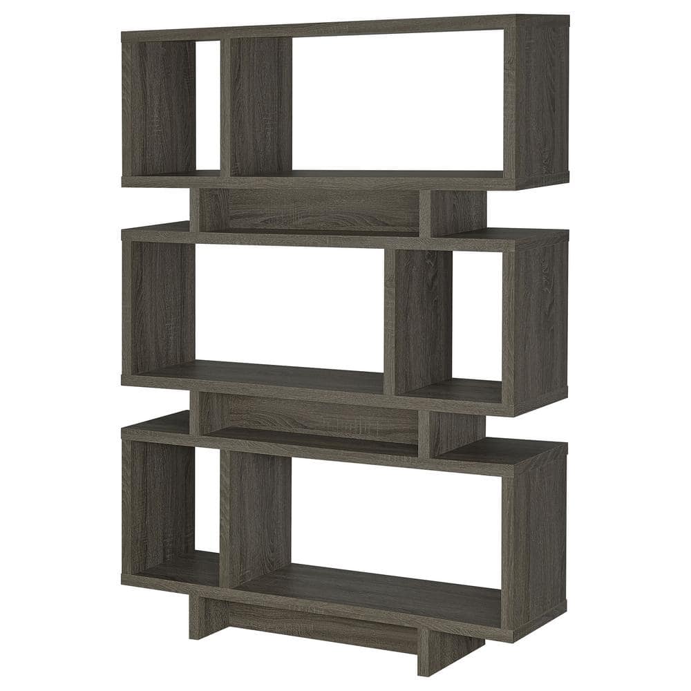 Transitional Weathered Gray Wood Bookcase with Artful Cubes