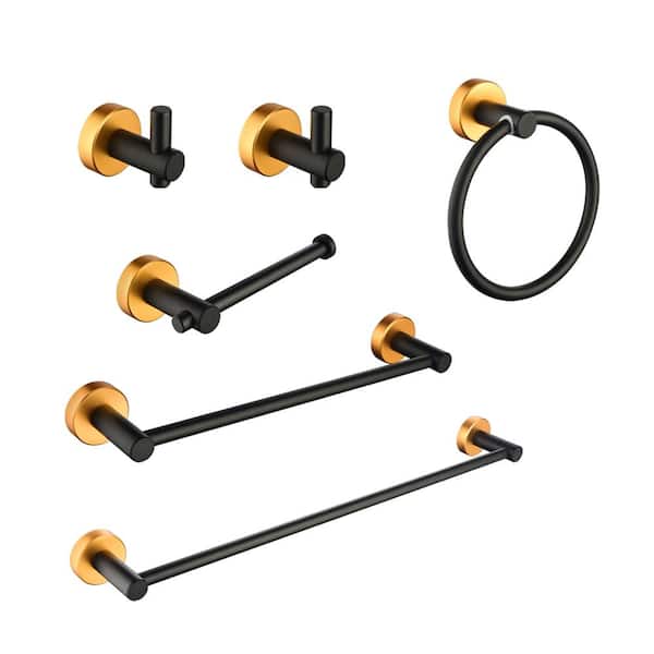Boyel Living 6-Pieces Bath Hardware Set with Towel Bar x 2, Toilet Paper Holder, Robe Towel Hook x 2 and Towel Ring in Black&Gold
