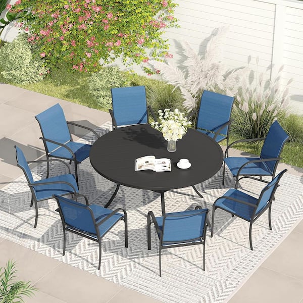 9-Piece Metal Outdoor Dining Set with Black Round Table and 8 Blue Stackable Dining Chairs for 8 Person