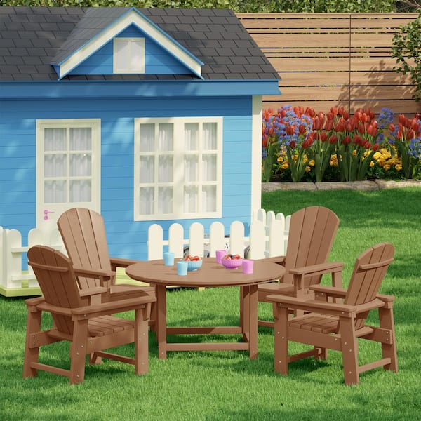 Children's Laguna Outdoor Patio All Weather Plastic 5-Piece Kids Adirondack Round Picnic Table Dining Set in Teak