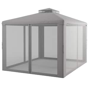 9.6 ft. x 11.6 ft. Gray Outdoor Gazebo with 2-Tier Roof and Netting, Steel Frame