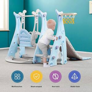Sky Blue 4-in-1 Playset Toddler Slide and Swing Set Climber Set with Basketball Hoop, Kids Gift