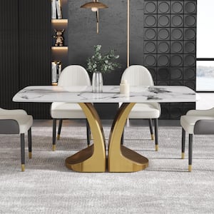 White Pandora Marble Top Rectangle 70.86 in. Column Carbon Steel Base Modern Dining Table Seats 8