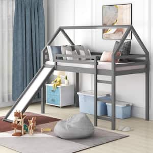 Gray Twin Size House Loft Bed with Slide and Built-in Ladder