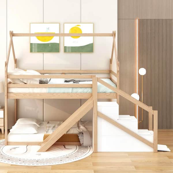 Natural Twin House Bunk Bed with Slide and Staircase