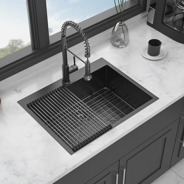 Unbranded 28 in. Drop-In Single Bowl 18 Gauge Gunmetal Black Stainless Steel Kitchen Sink with Bottom Grids