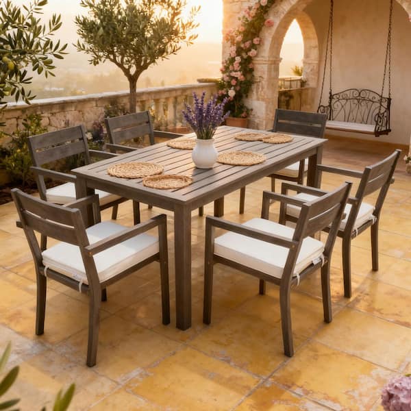 Grey 7-Piece Acacia Wood Outdoor Dining Set with Beige Cushion