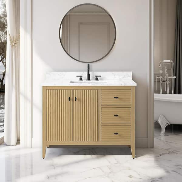 Vanity Art 42 in. W x 22 in D x 38 in. H Single Sink Bath Vanity Cabinet in Linear Natural Oak with White Engineered Marble Top