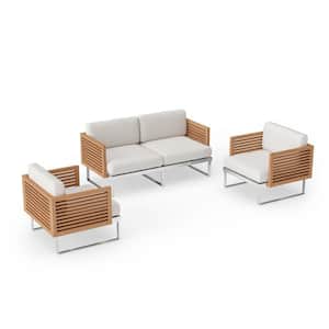 Monterey 4-Seater 3-Piece Stainless Steel Teak Outdoor Patio Conversation Set With Canvas Natural Cushions