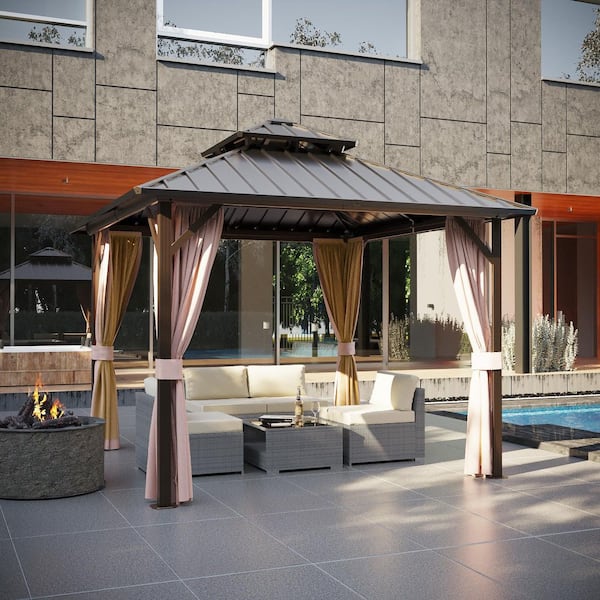 10 ft. x 10 ft. Aluminum Outdoor Double Galvanized Steel Roof Gazebo with Ceiling Hook, Mosquito Netting and Curtains