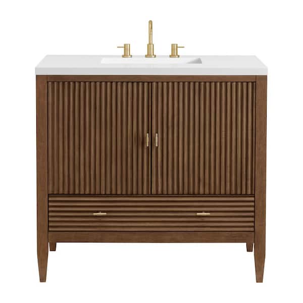 James Martin Vanities Myrrin 36.0 in. W x 23.5 in. D x 34.06 in. H Single Bathroom Vanity Mid-Century Walnut and White Zeus Quartz Top