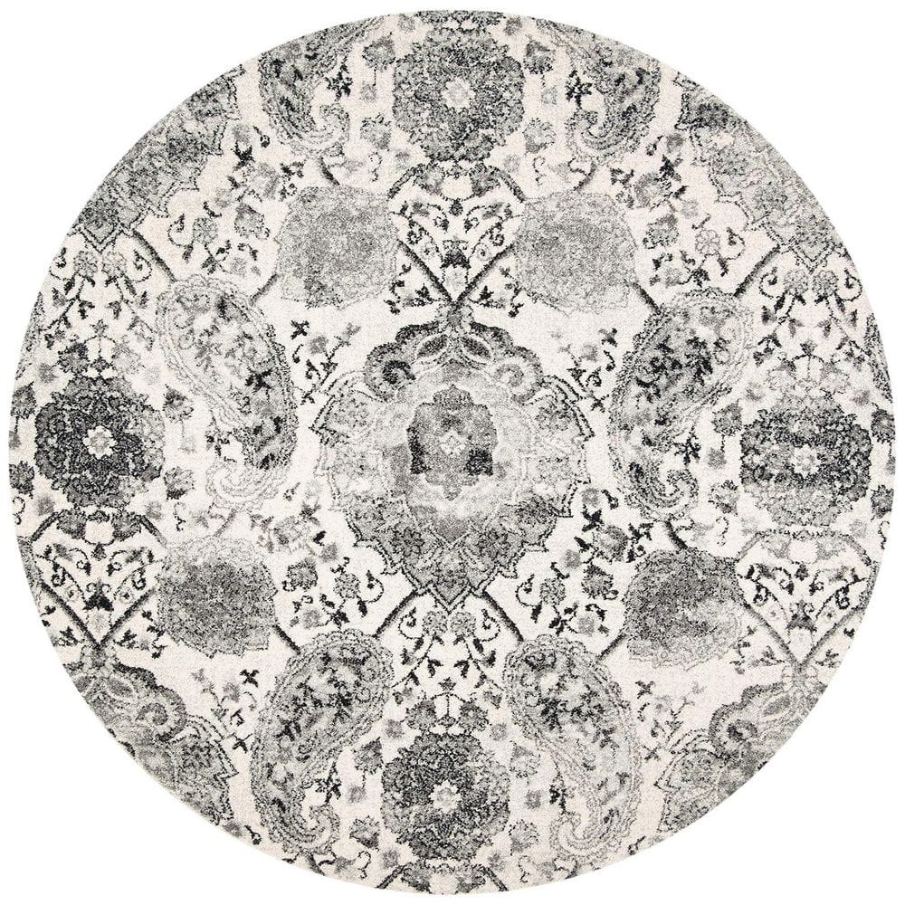 White Polypropylene 4 ft. x 4 ft. Floral Indoor Round Area Rug