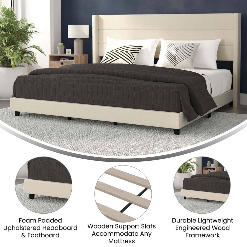 Beige King Upholstered Platform Bed with Wingback Headboard