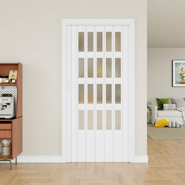ARK DESIGN 38 in. x 80 in. White Upgrade Double PVC Material With 4-lite Frosted Acrylic Panel Accordion Door With Hareware
