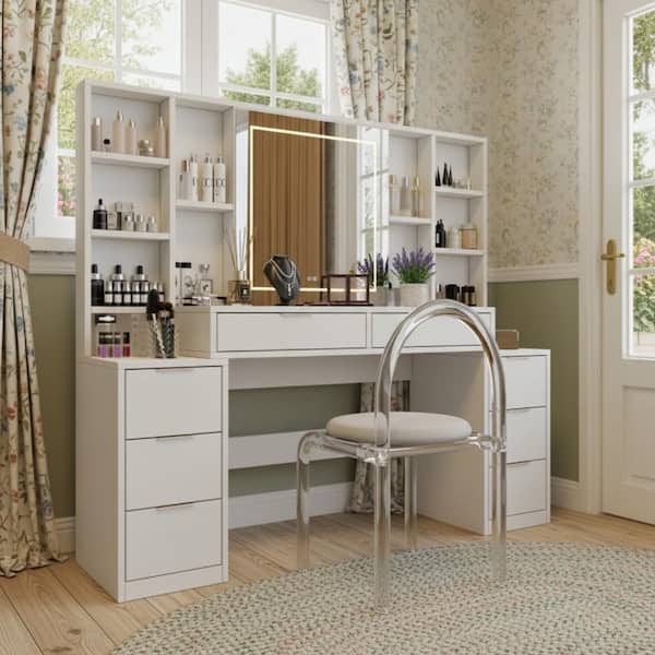 HAKL 8-Drawers Pure White Makeup Vanity Table with Mirror LED Lights and Open Storage Shelves for Bedroom Dressing