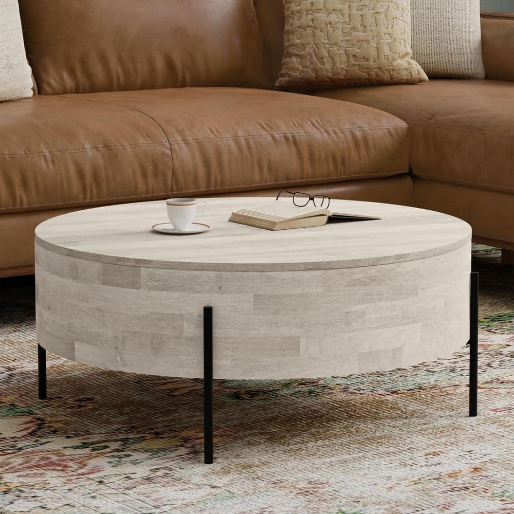 Rayburn 38 in. White Wash Wide Round Modern Urban Drum Solid Mango Wood Coffee Table price history on PriceWatchPro