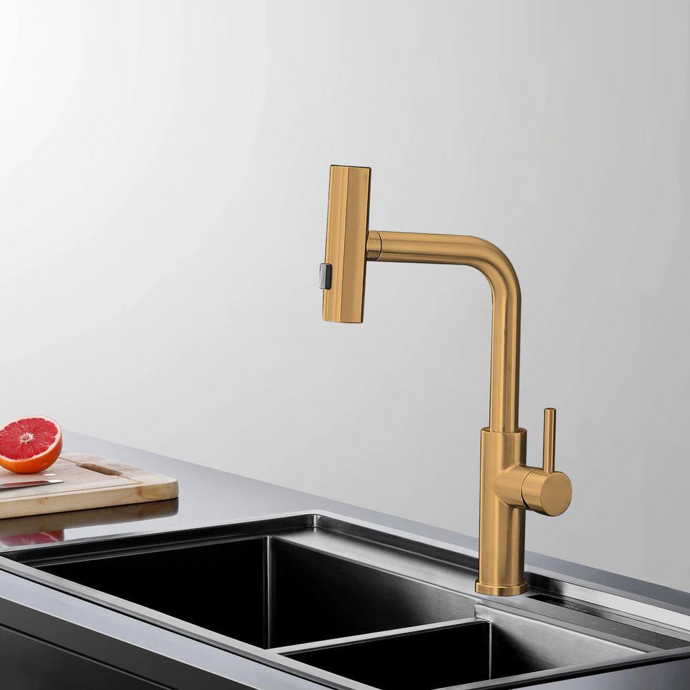 Brushed Gold Stainless Steel Single Handle Pull Out Kitchen Faucet