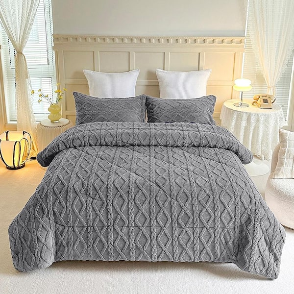 3 Piece Silver Grey Fluffy Sherpa Fleece Comforter Set Tufted Bedding Comforter Set 79"x91"