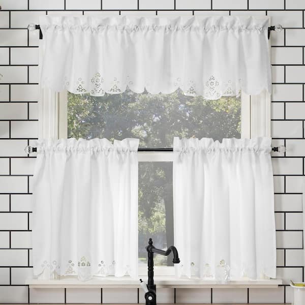 Sun Zero Millie Kitchen Set Floral Trim White Polyester 58 in. W x 24 in. L Rod Pocket Light Filtering Curtain (Set of 3)
