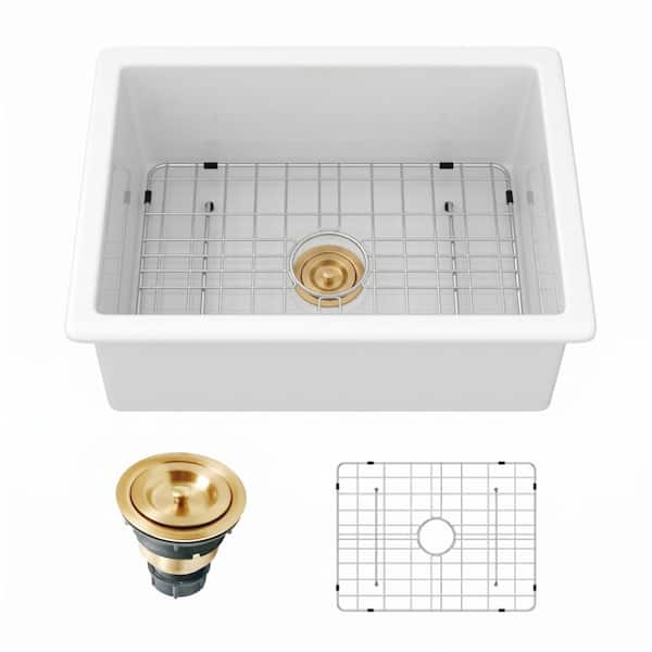 24 in. Fireclay Undermount Sink Single Bowl Glossy White Kitchen Sink with Gold Drain Assembly and Bottom Grid