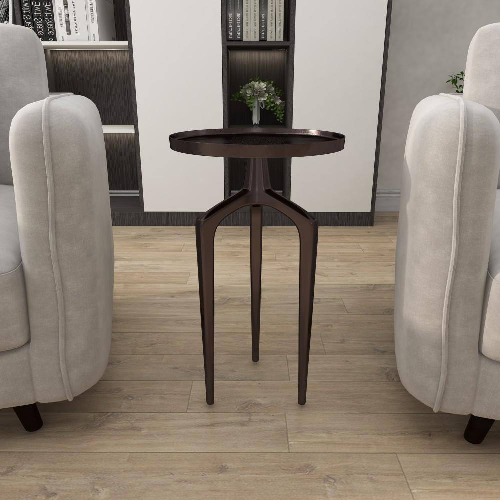 Black Aluminum Round Tray Top Accent Table with Tripod Legs