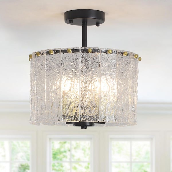 12.5 in. 4-Light Black and Gold Modern Semi-Flush Mount Ceiling Light with Glass Shade