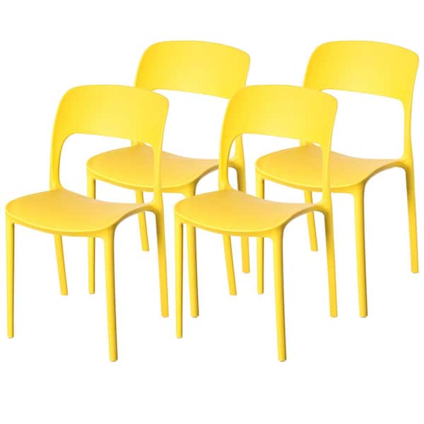 FABULAXE Modern Plastic Outdoor Dining Chair with Open Curved Back in Yellow (Set of 4)