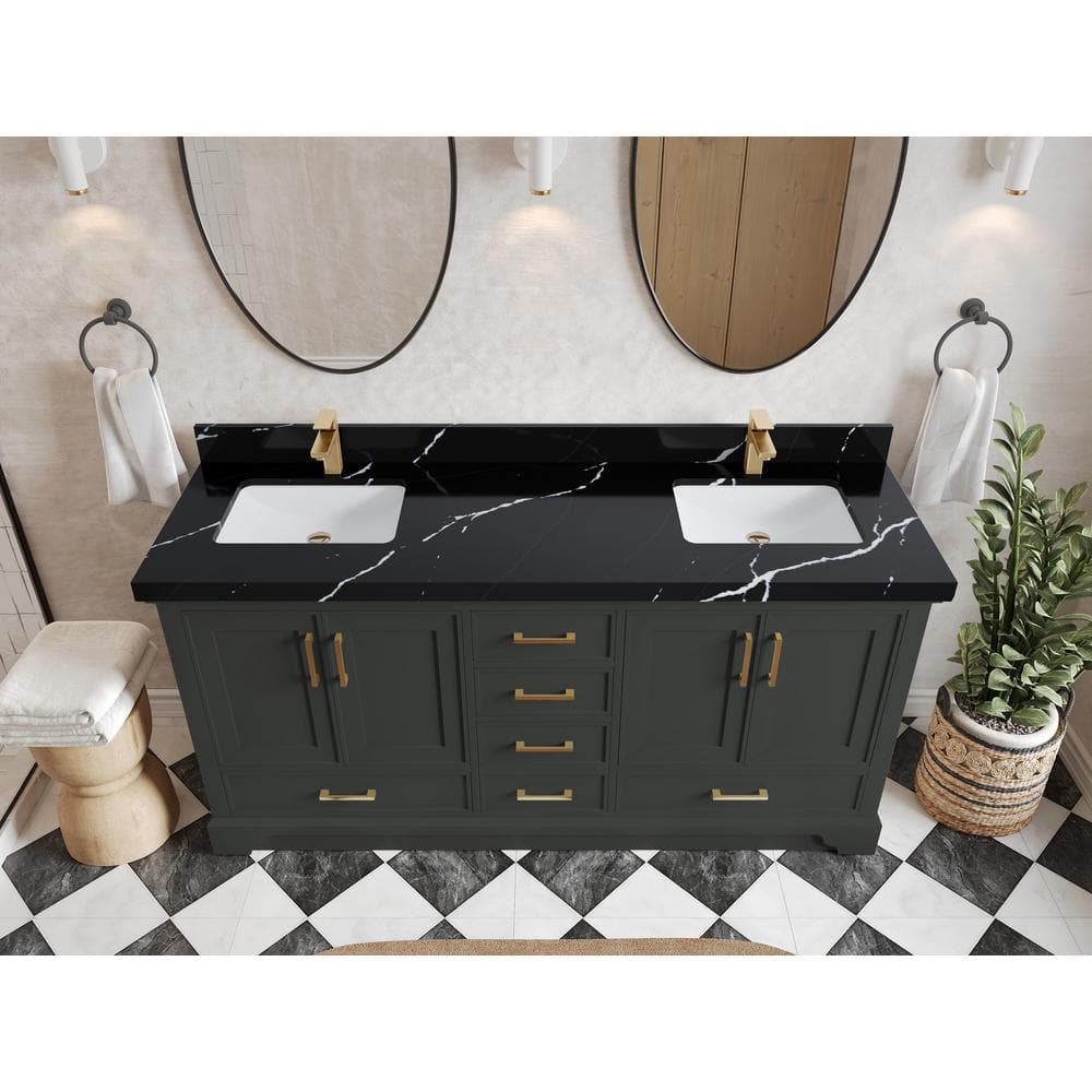 Charlotte 72" Double Sink Black Quartz Top Freestanding Vanity