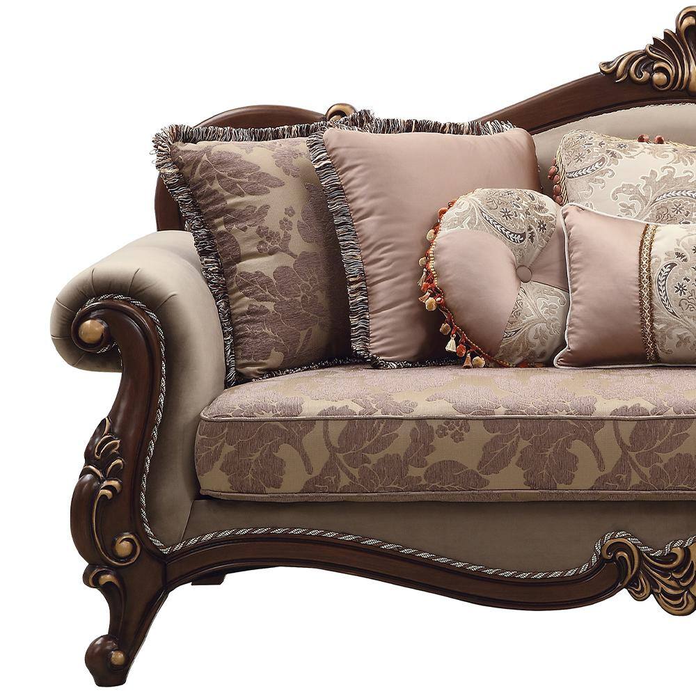 Elegant Walnut Velvet Rolled Arm Sofa with 8 Pillows