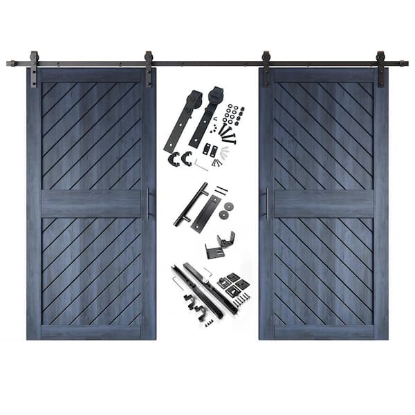 HOMACER XT1 40 in. x 84 in. C-Panel Navy Slanted Stripe Design Double Pine Wood Sliding Barn Door with Hardware Kit