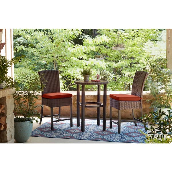 Hampton Bay Harper Creek 3-Piece Brown Steel Outdoor Patio Bar Height Dining Set with CushionGuard Quarry Red Cushions