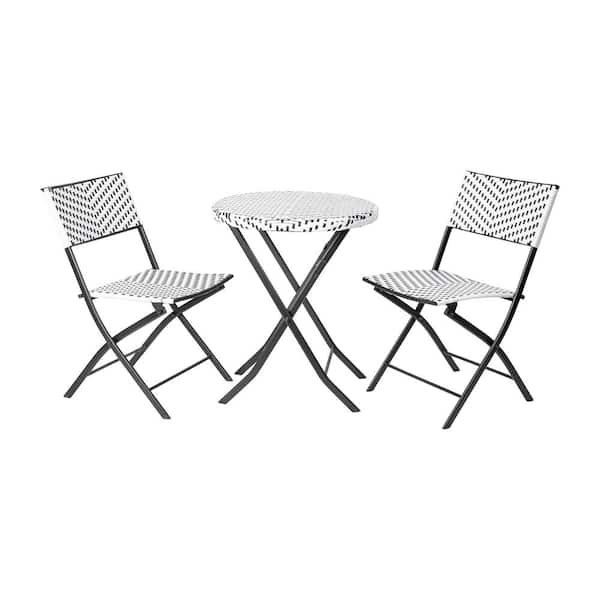 Carnegy Avenue Rouen 3-Piece Steel Round Foldable Indoor/Outdoor Bistro Set Wicker Back, Seat, Top Black/White w/ Black Steel Frames