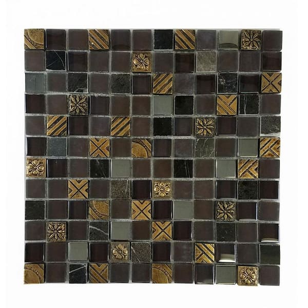 ABOLOS Monarchy Antigua Brown Square Mosaic 12 in. x 12 in. Glass & Stone Mosaic Wall Tile (1 Sq. Ft./Sheet)