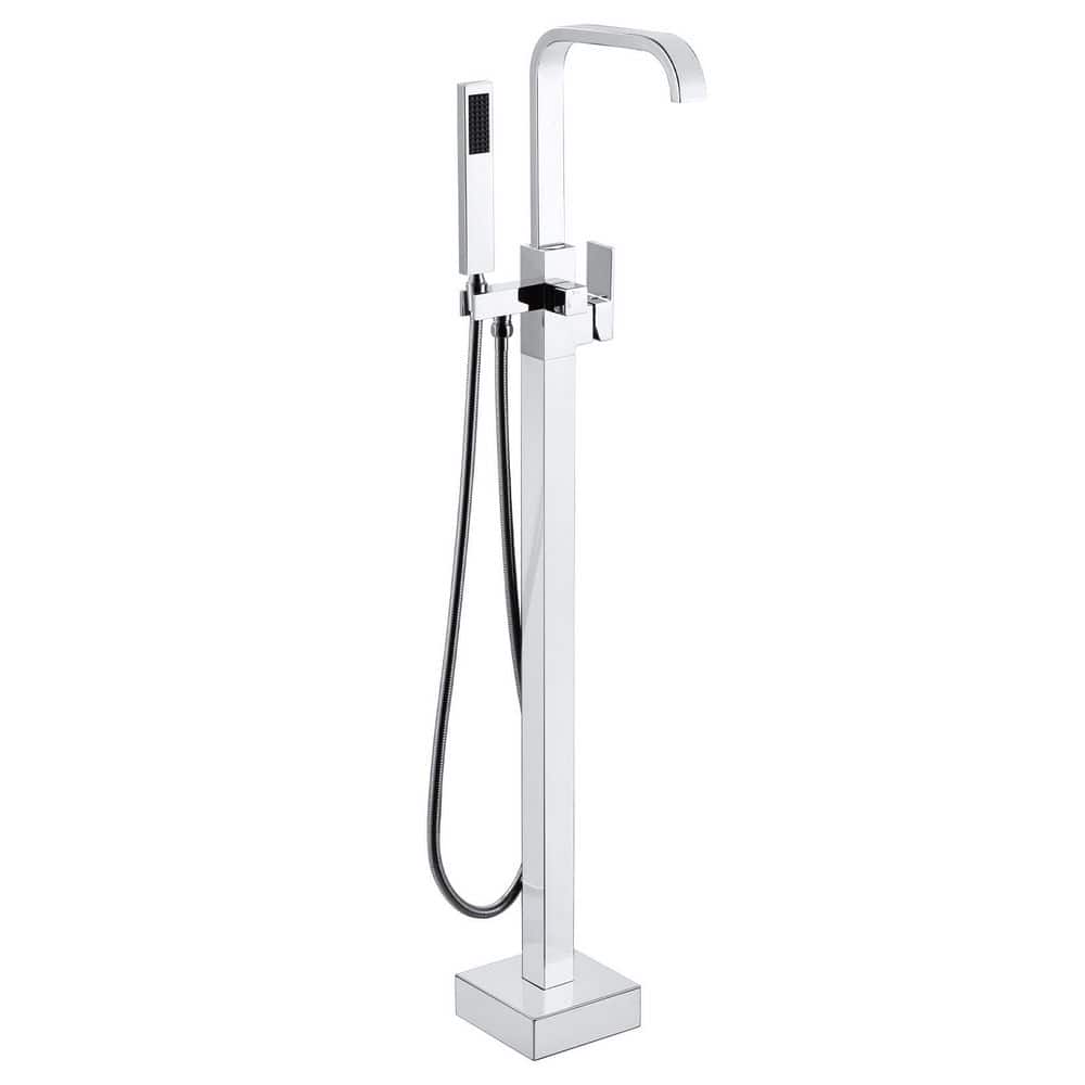 Waterfall Single-Handle Freestanding Tub Faucet with Hand Shower,Brass Floor Mounted Tub Filler in Polished Chrome price history on PriceWatchPro