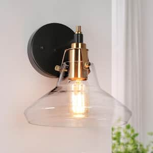 Plrhsbtic Modern 9 in. 1-light Brass and Matte Black Wall Sconce with Barn Seeded Glass Shade, Bathroom Vanity Light