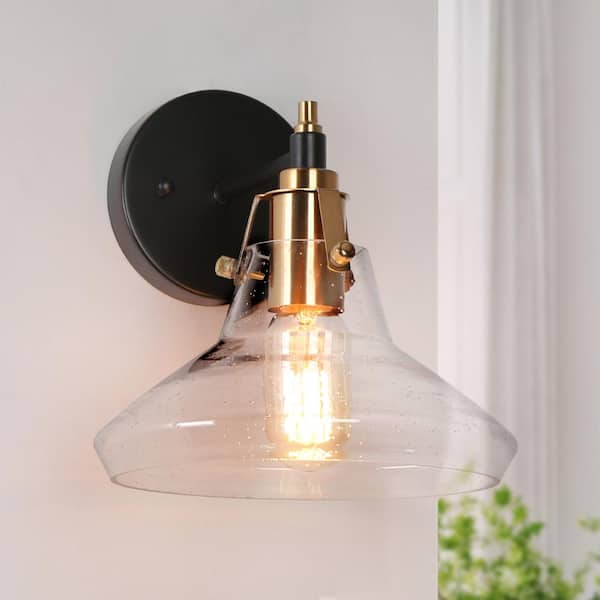 Zevni Plrhsbtic Modern 9 in. 1-light Brass and Matte Black Wall Sconce with Barn Seeded Glass Shade, Bathroom Vanity Light