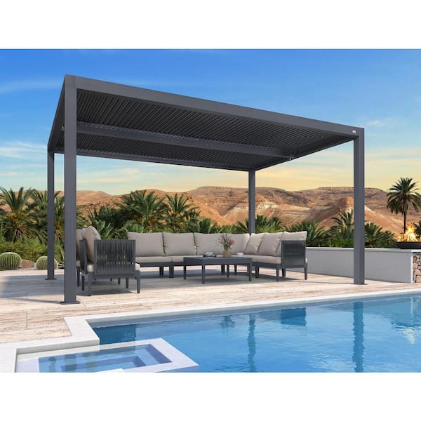 PURPLE LEAF 10 ft. x 14 ft. Gray Louvered Pergola Outdoor Aluminum Pergola with Adjustable Roof for Deck Backyard Hardtop Gazebo