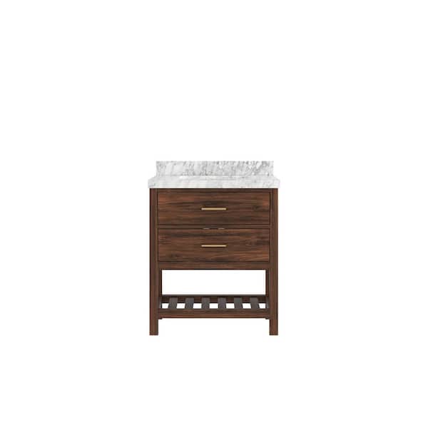 Willow Collections Parket Teak 30 in. W x 22 in. D x 36 in. H Single Sink Bath Vanity Center in Dark Walnut with Carrara Marble Top